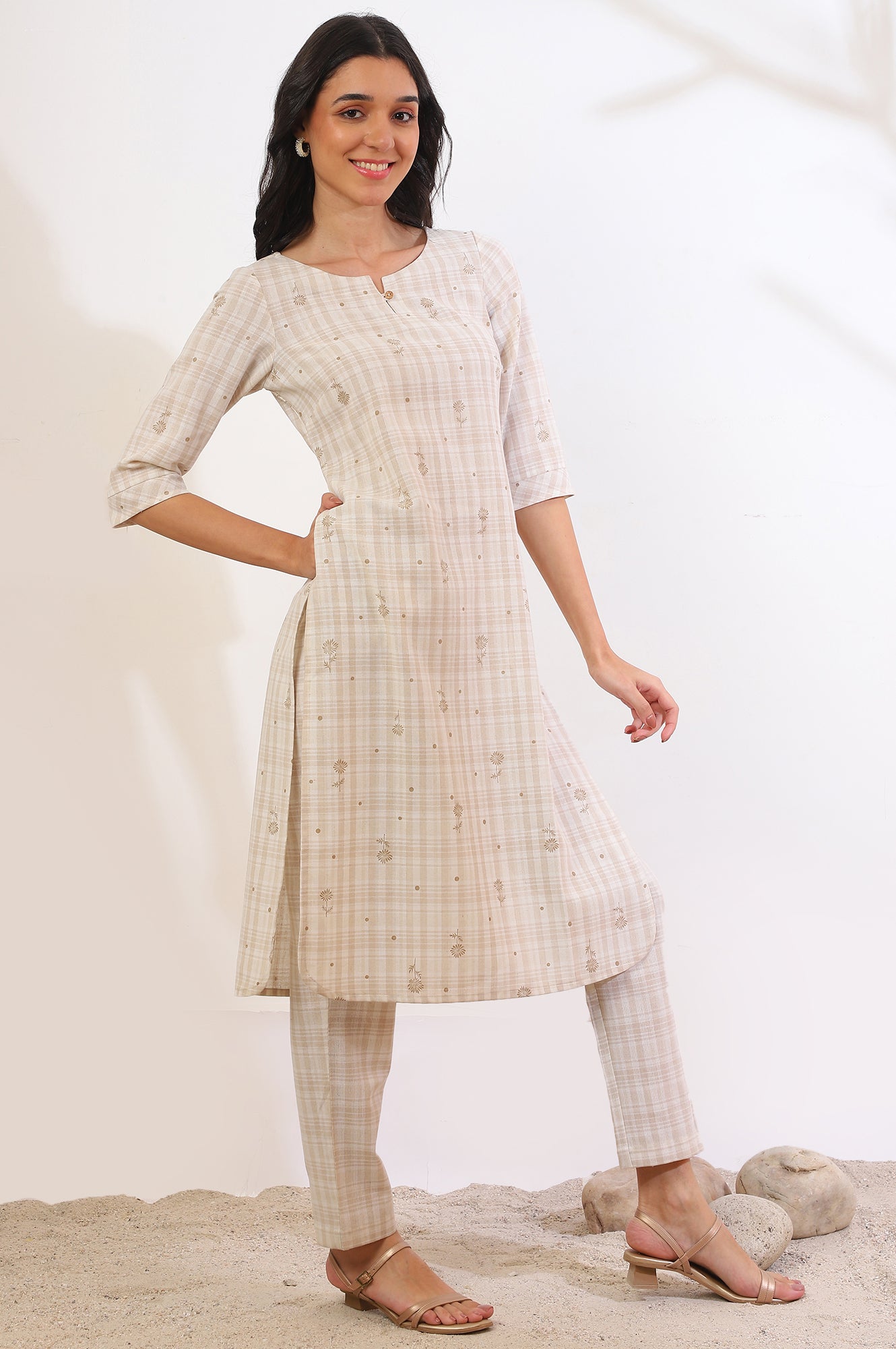 Beige Printed Cotton Blend Straight Kurta &amp; Trousers Set