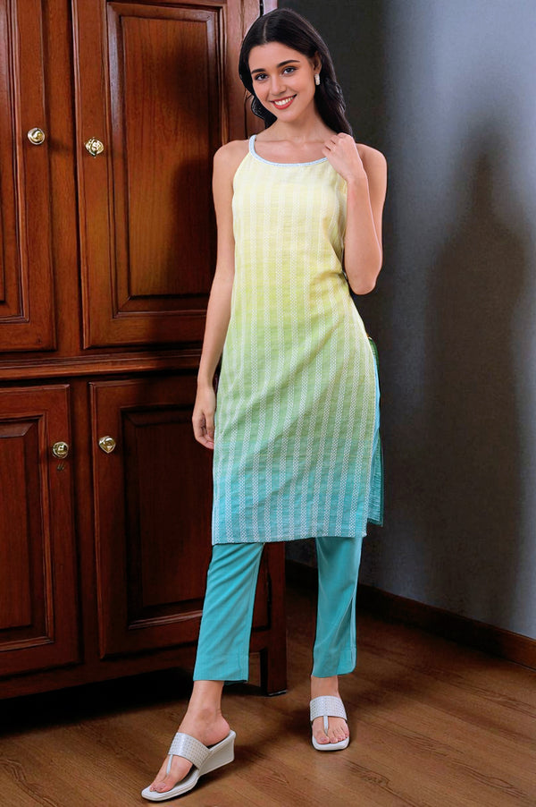 Green Yarn Dyed Pure Cotton Straight Kurta & Trousers Set