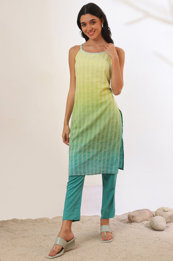 Green Yarn Dyed Pure Cotton Straight Kurta & Trousers Set