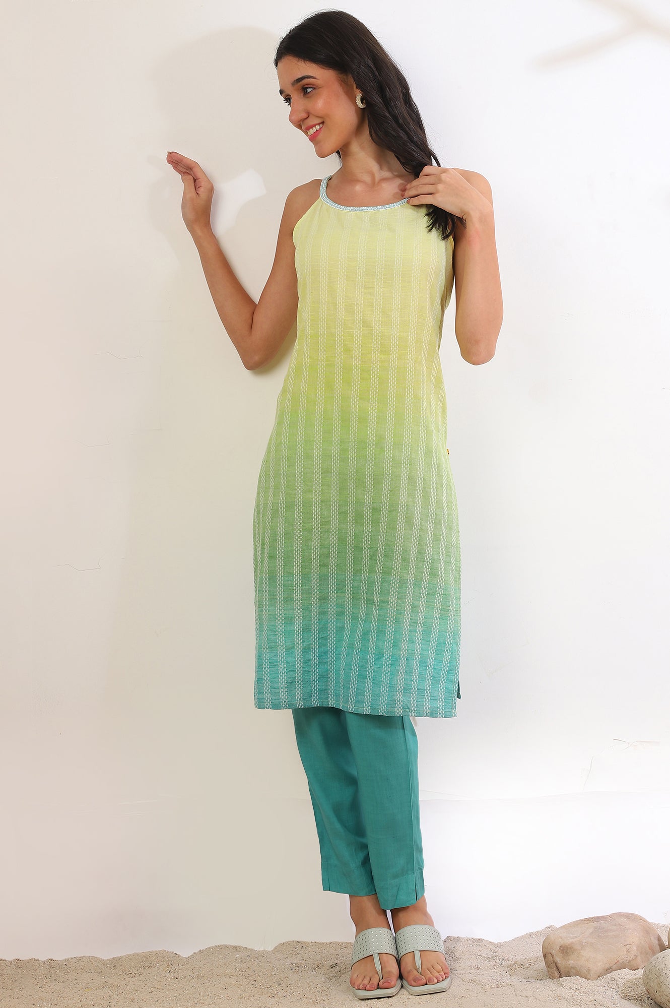 Green Yarn Dyed Pure Cotton Straight Kurta &amp; Trousers Set