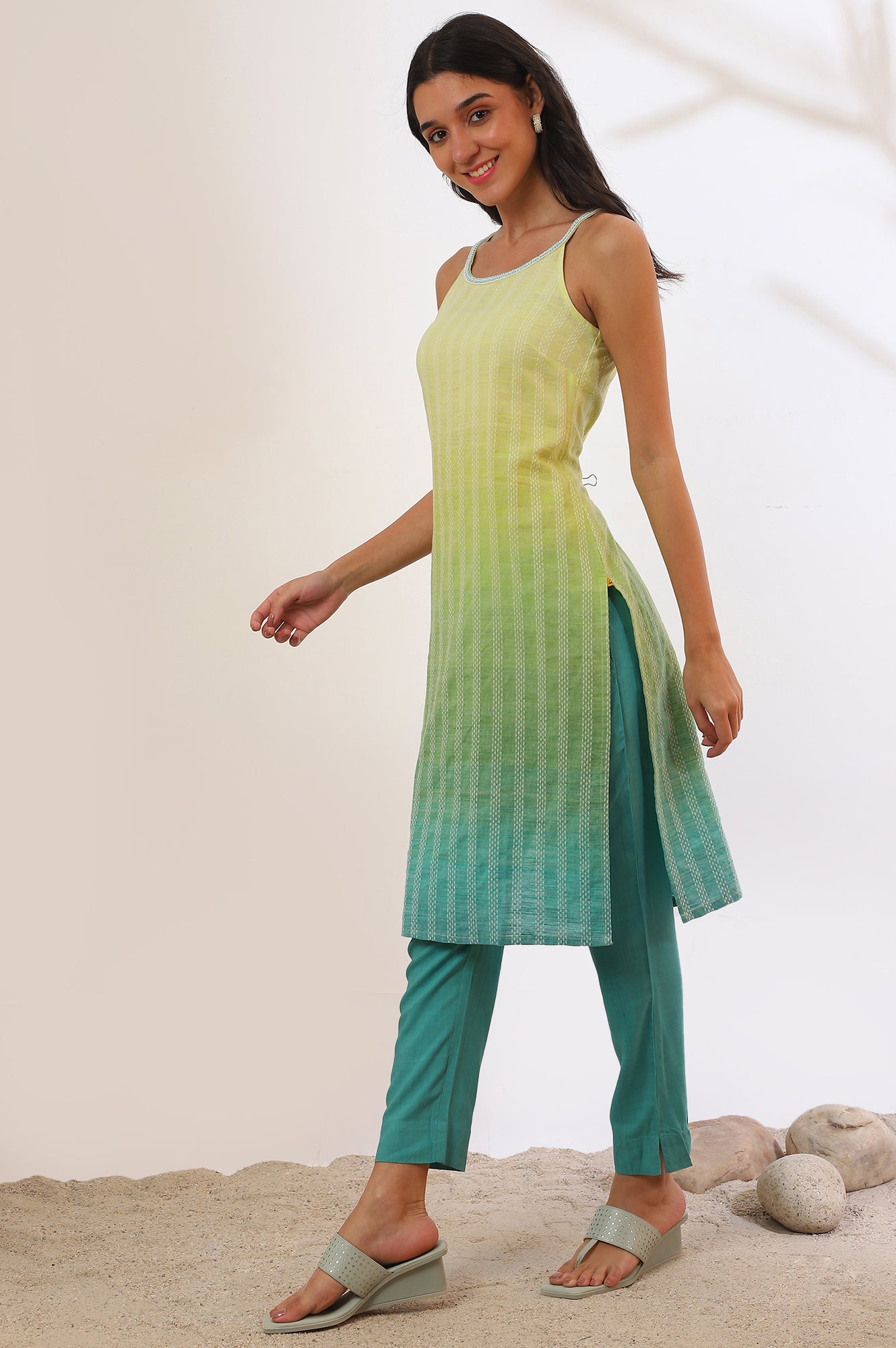 Green Yarn Dyed Pure Cotton Straight Kurta &amp; Trousers Set