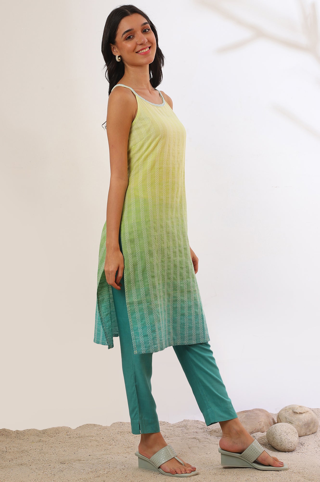 Green Yarn Dyed Pure Cotton Straight Kurta &amp; Trousers Set