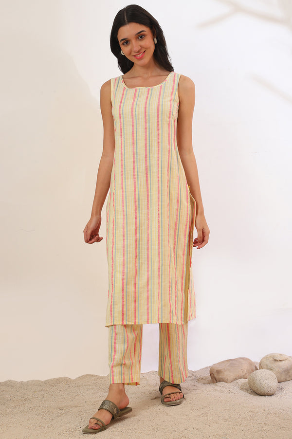 Yellow Yarn Dyed Cotton Blend Straight Kurta & Palazzo Set