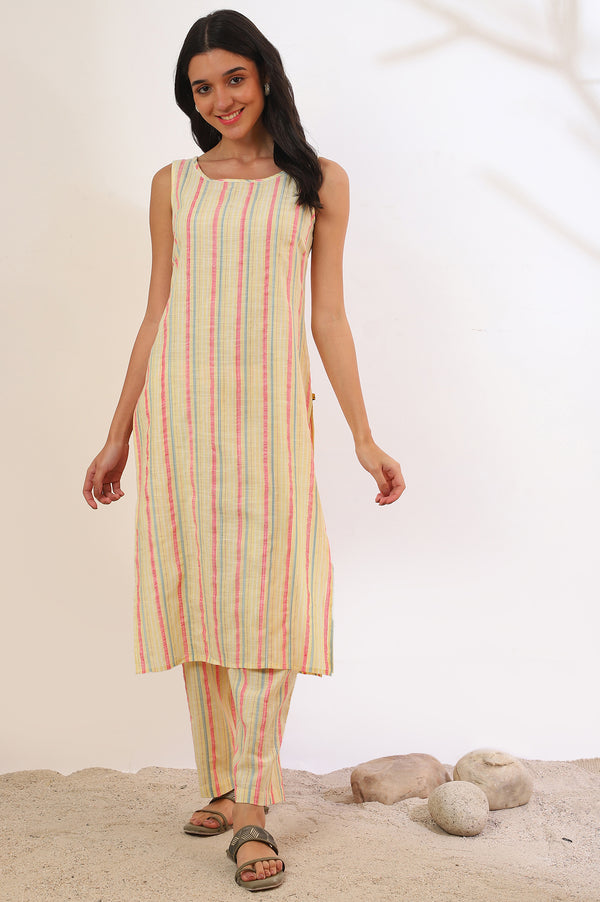 Yellow Yarn Dyed Cotton Blend Straight Kurta & Palazzo Set