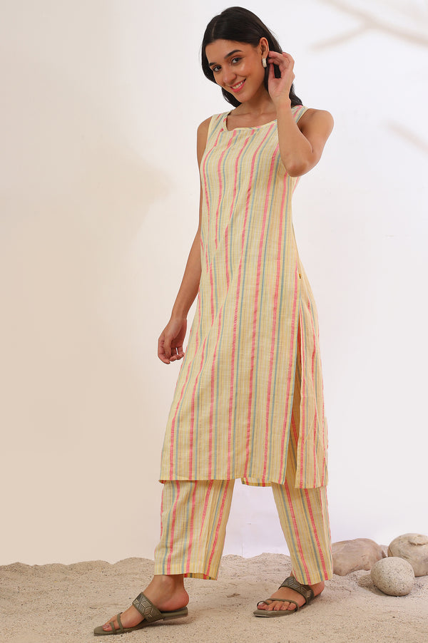 Yellow Yarn Dyed Cotton Blend Straight Kurta & Palazzo Set