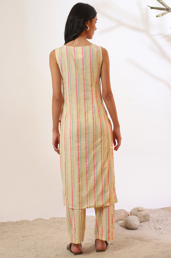 Yellow Yarn Dyed Cotton Blend Straight Kurta & Palazzo Set