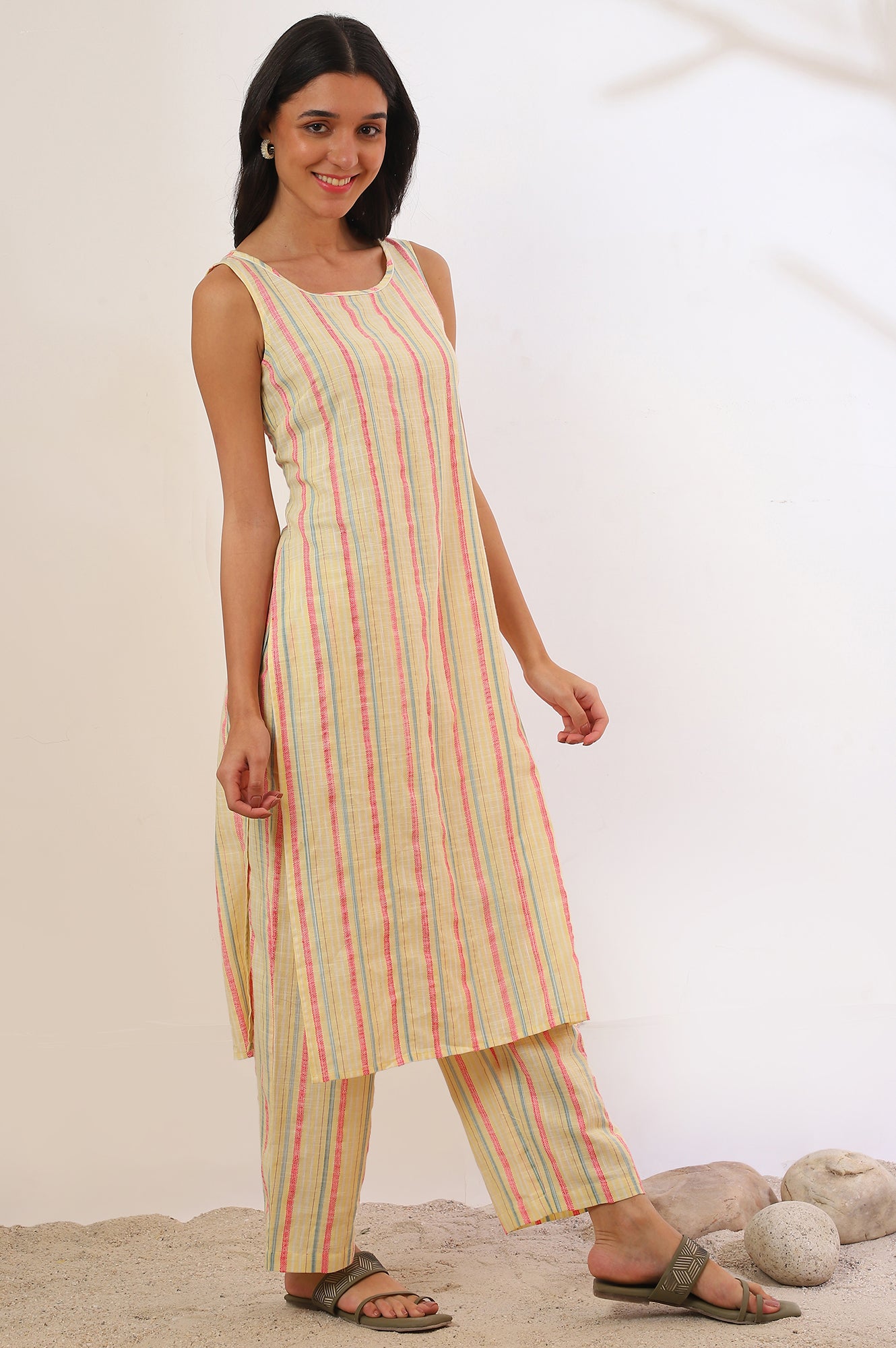 Yellow Yarn Dyed Cotton Blend Straight Kurta &amp; Palazzo Set