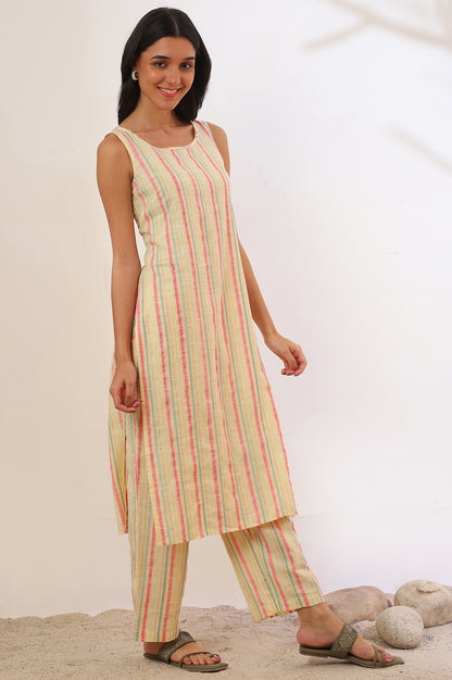 Yellow Yarn Dyed Cotton Blend Straight Kurta &amp; Palazzo Set