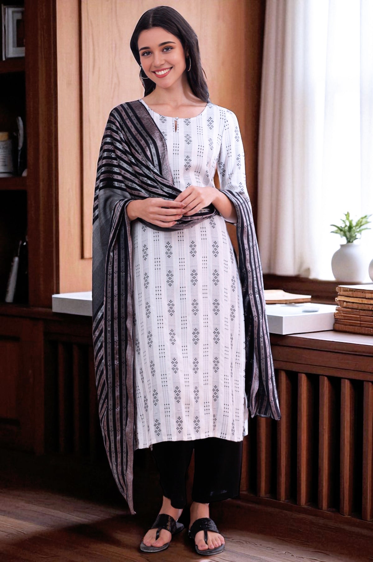 White Yarn Dyed Rayon Straight Kurta With Palazzos & Dupatta Set - S