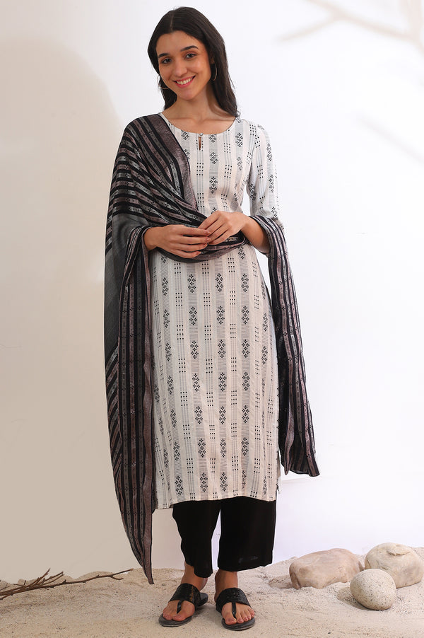 White Yarn Dyed Rayon Straight Kurta With Palazzos & Dupatta Set