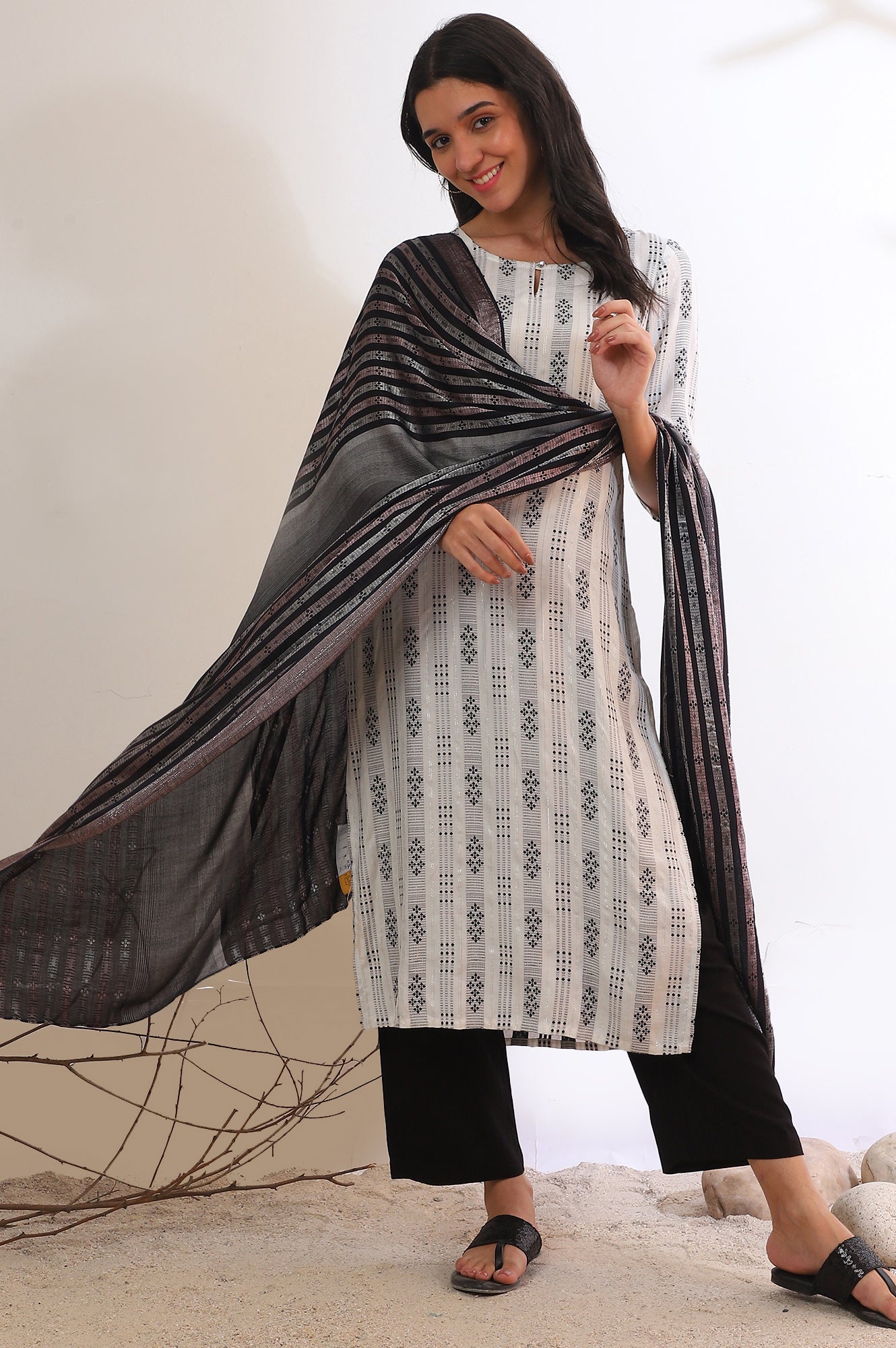 White Yarn Dyed Rayon Straight Kurta With Palazzos &amp; Dupatta Set