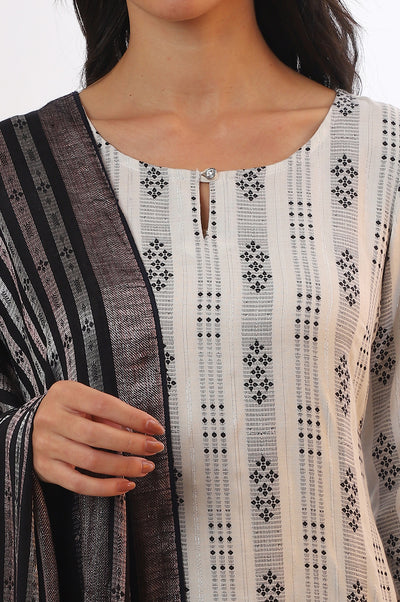 White Yarn Dyed Rayon Straight Kurta With Palazzos & Dupatta Set
