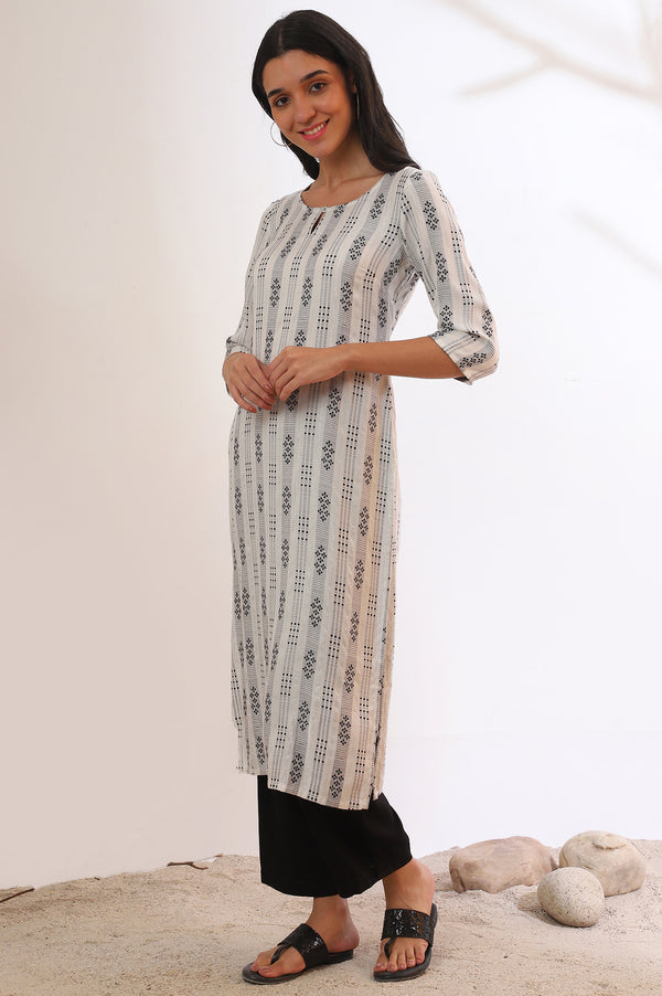 White Yarn Dyed Rayon Straight Kurta With Palazzos & Dupatta Set