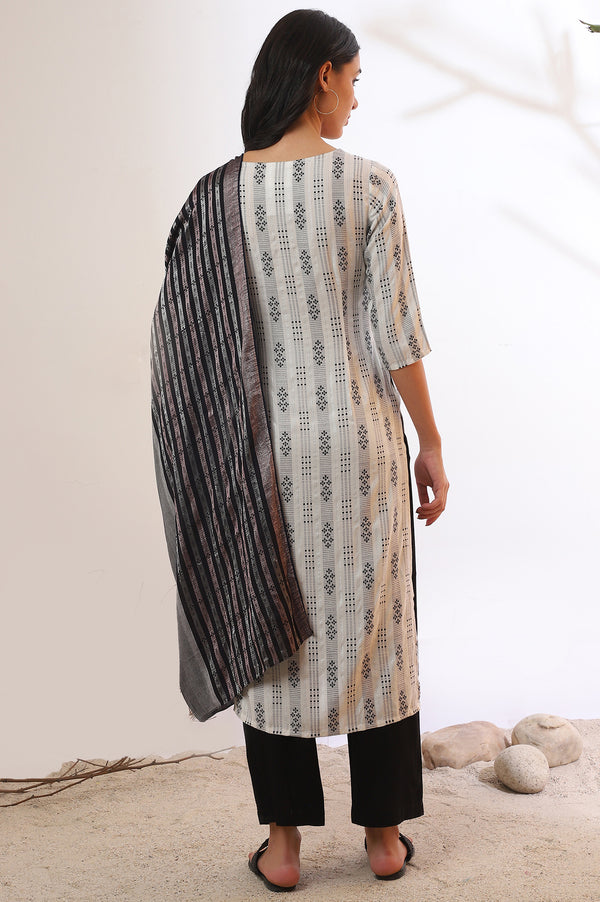 White Yarn Dyed Rayon Straight Kurta With Palazzos & Dupatta Set