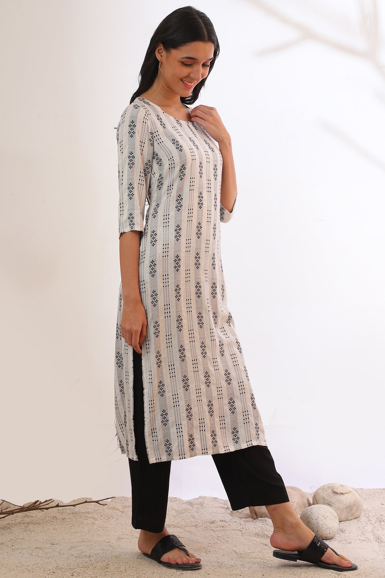 White Yarn Dyed Rayon Straight Kurta With Palazzos &amp; Dupatta Set