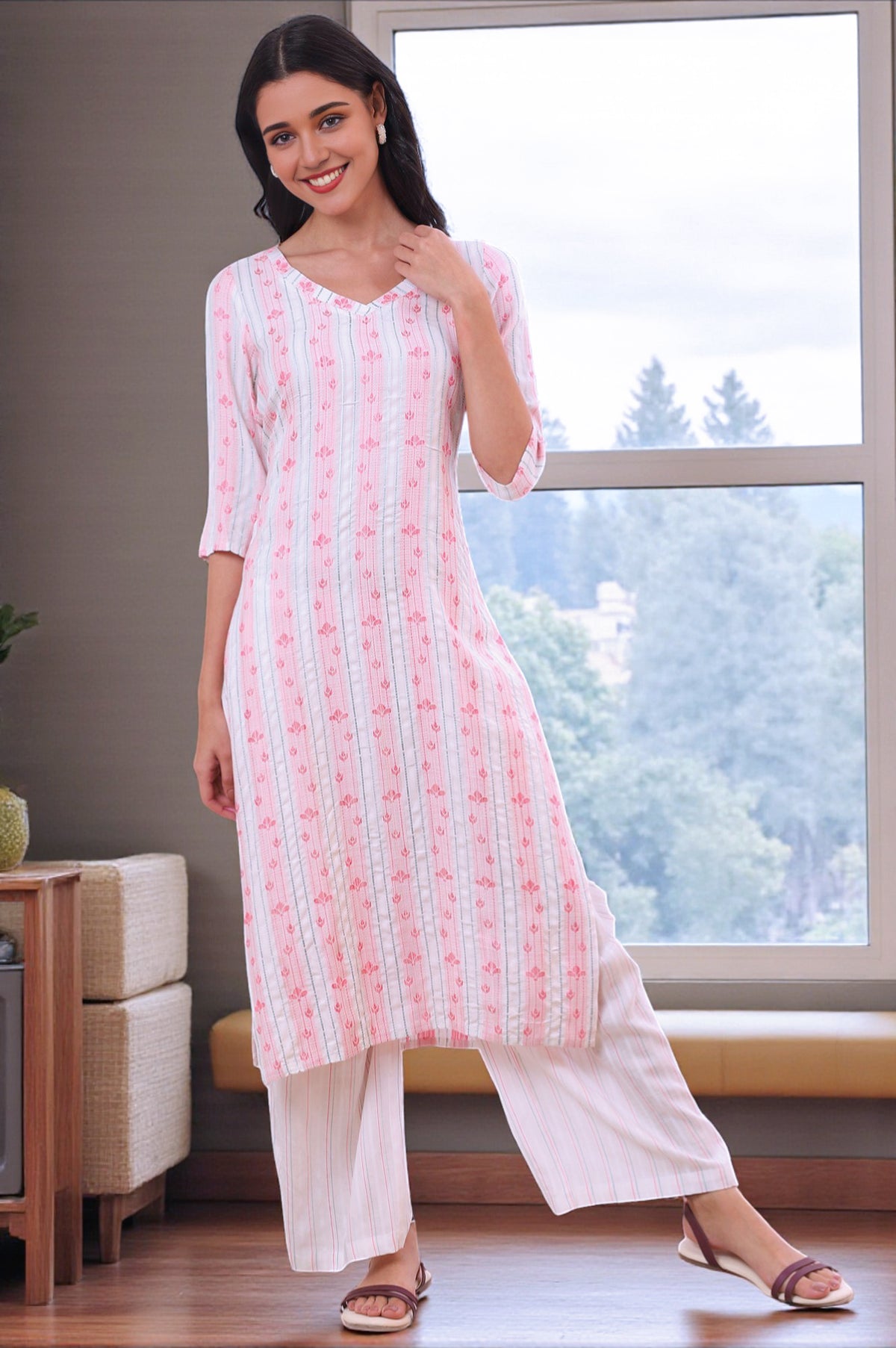 White Yarn Dyed Rayon Straight Kurta & Palazzo Set - S