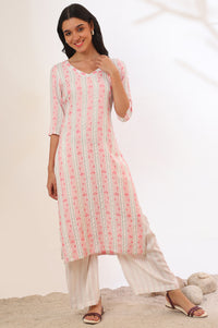 Beige Printed Cotton Blend Straight Kurta &amp; Trousers Set
