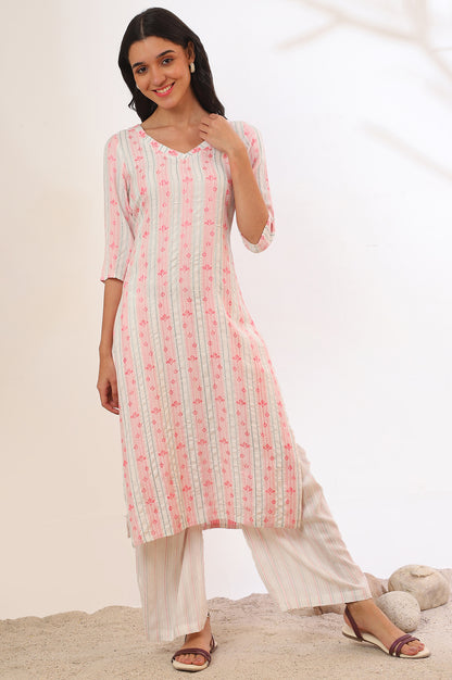 White Yarn Dyed Rayon Straight Kurta &amp; Palazzo Set