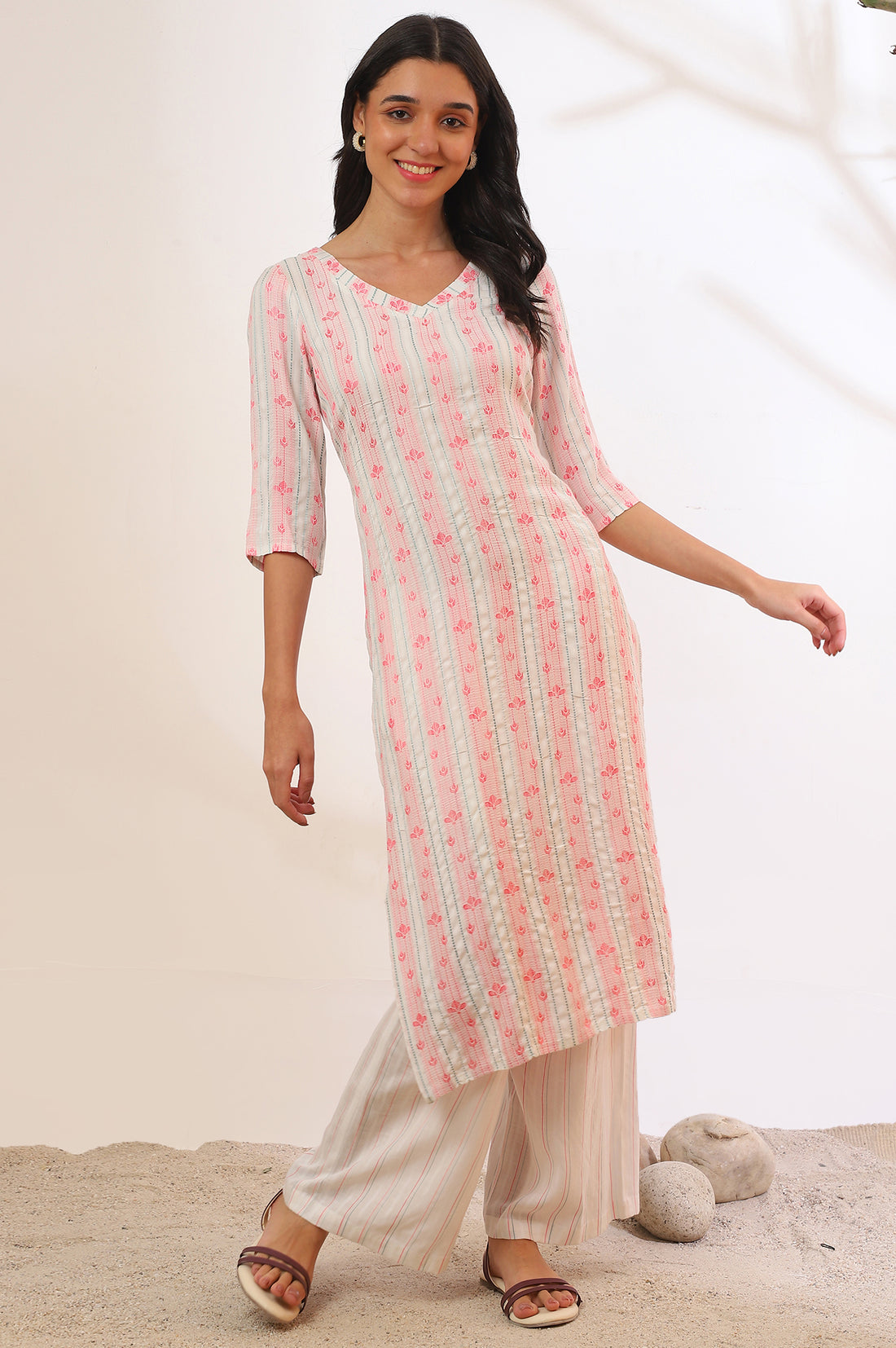 Beige Printed Cotton Blend Straight Kurta &amp; Trousers Set