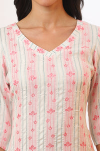 Beige Printed Cotton Blend Straight Kurta &amp; Trousers Set