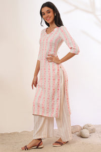 Beige Printed Cotton Blend Straight Kurta &amp; Trousers Set