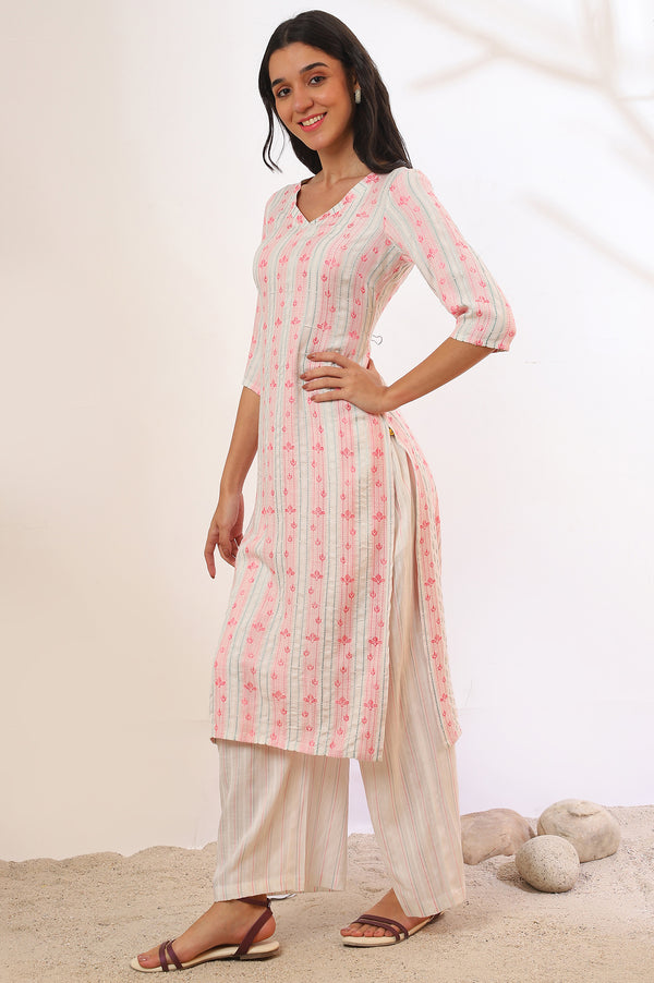 White Yarn Dyed Rayon Straight Kurta & Palazzo Set