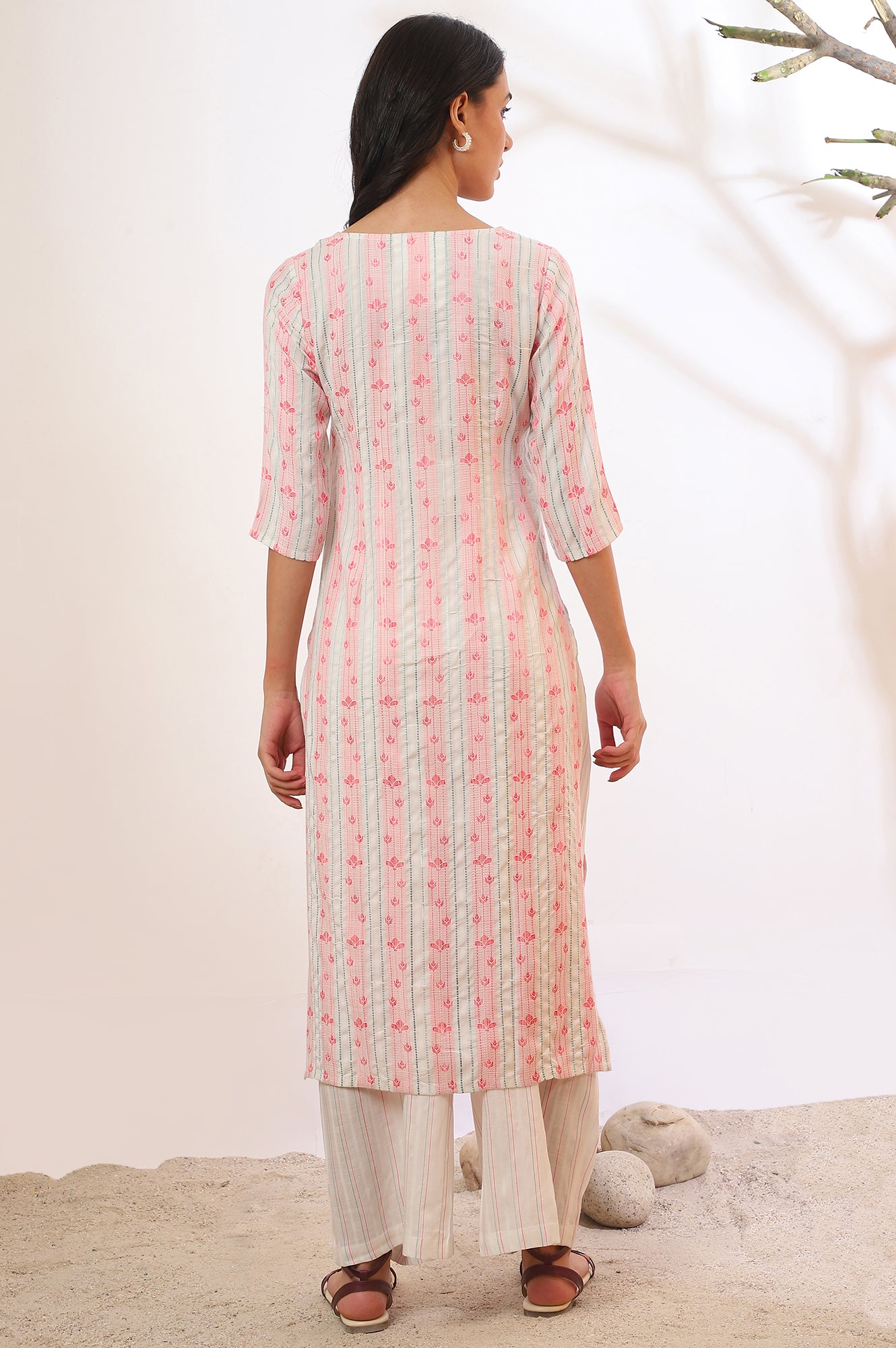 White Yarn Dyed Rayon Straight Kurta &amp; Palazzo Set