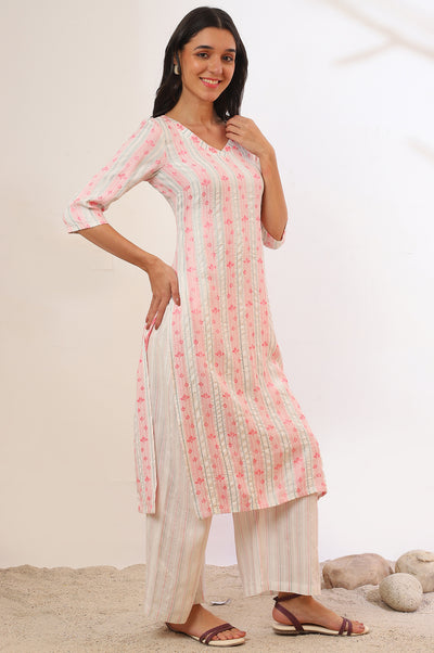 Beige Printed Cotton Blend Straight Kurta & Trousers Set