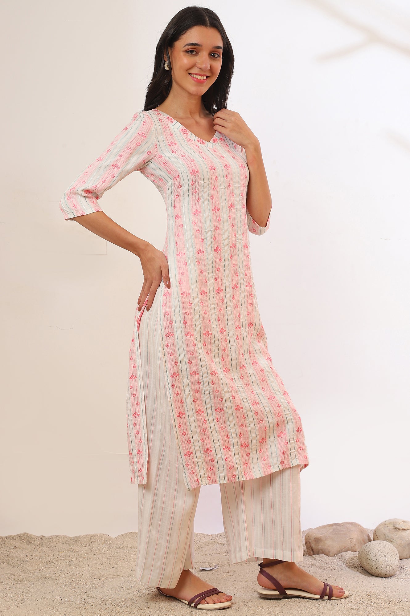 White Yarn Dyed Rayon Straight Kurta &amp; Palazzo Set