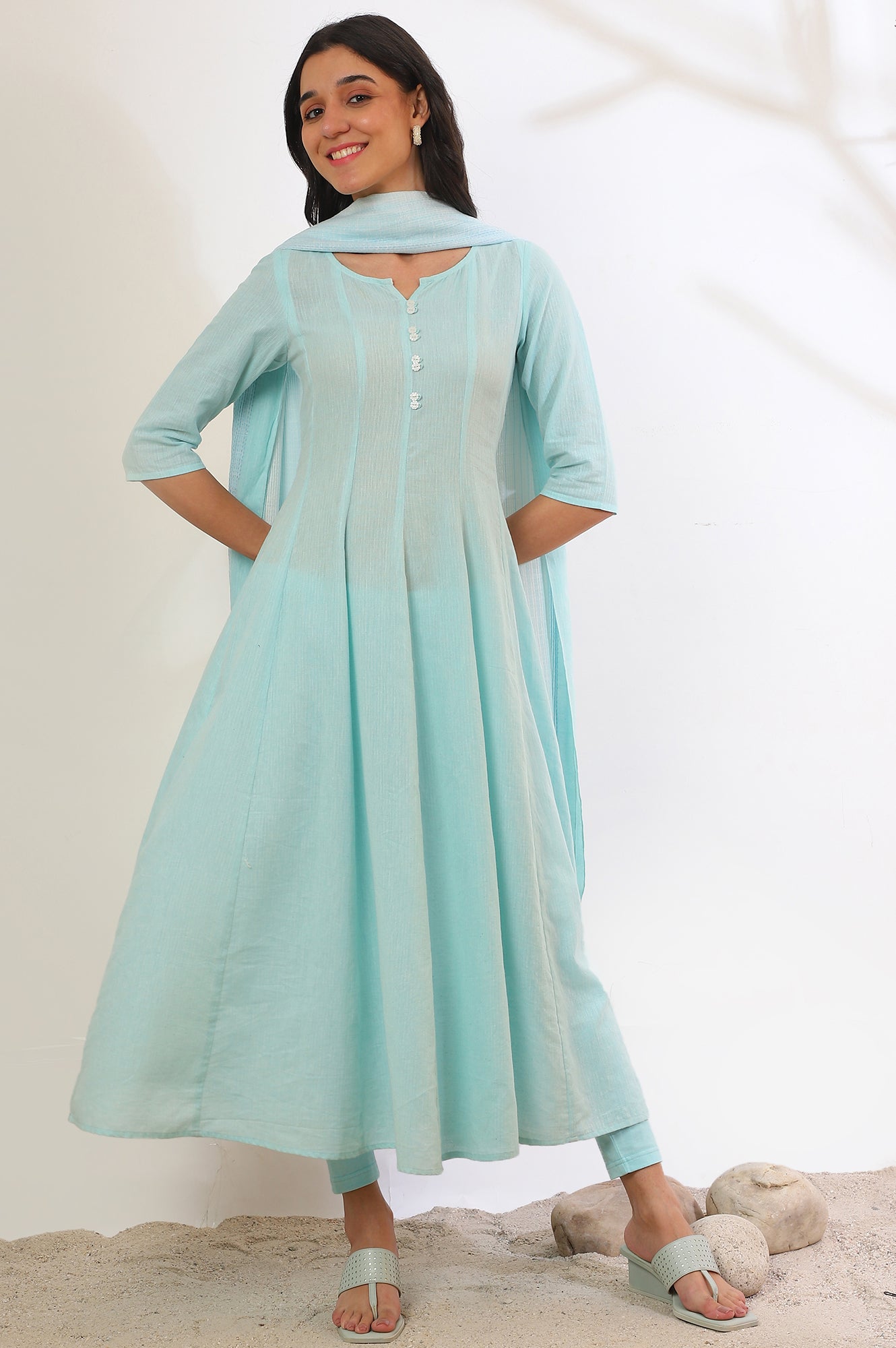 Blue Yarn Dyed Pure Cotton Anarkali with Leggings &amp; Dupatta Set