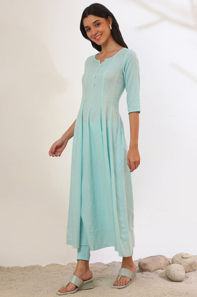 Blue Yarn Dyed Pure Cotton Anarkali with Leggings & Dupatta Set