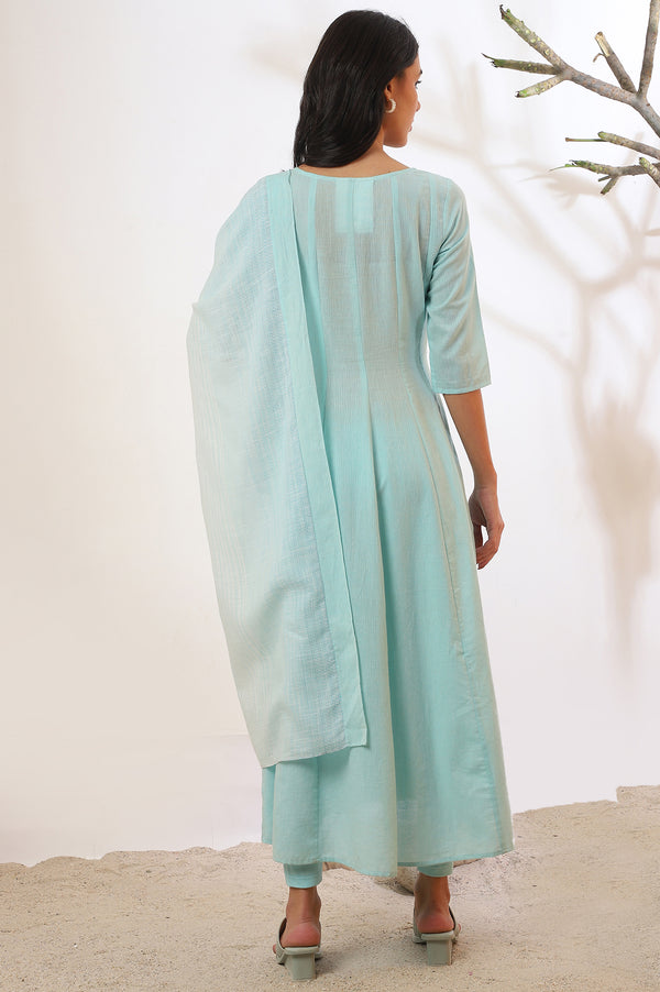 Blue Yarn Dyed Pure Cotton Anarkali with Leggings & Dupatta Set