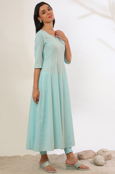 Blue Yarn Dyed Pure Cotton Anarkali with Leggings & Dupatta Set