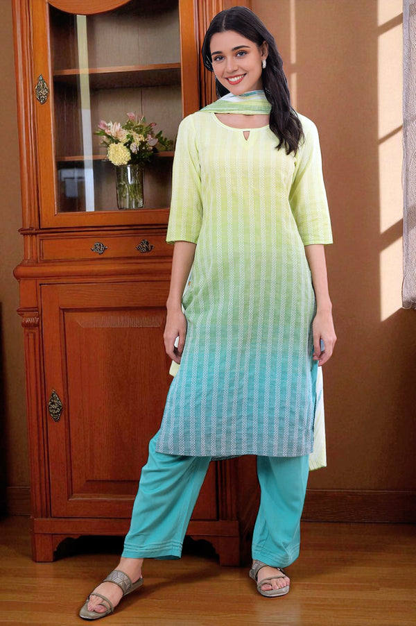 Green Yarn Dyed Pure Cotton Straight Kurta with Palazzo & Dupatta Set