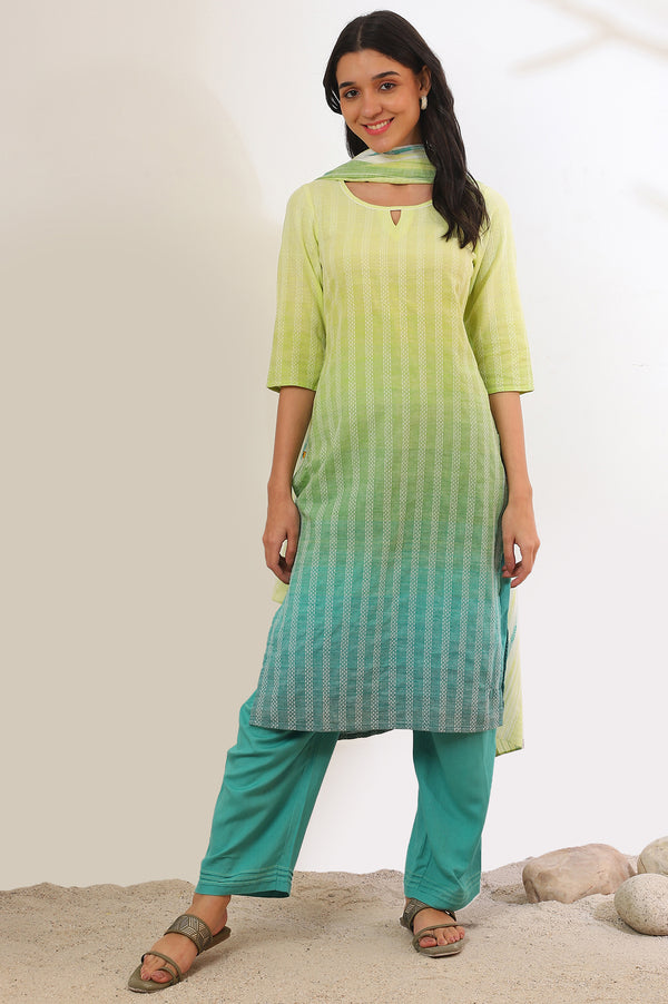 Green Yarn Dyed Pure Cotton Straight Kurta with Palazzo & Dupatta Set