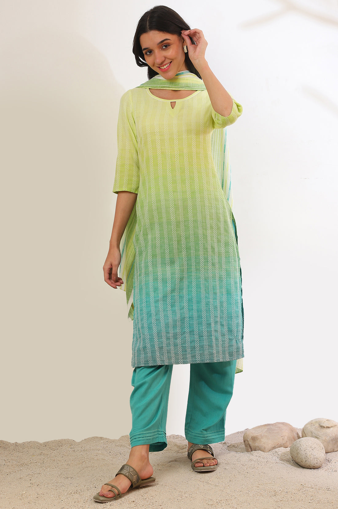 Green Yarn Dyed Pure Cotton Straight Kurta with Palazzo &amp; Dupatta Set