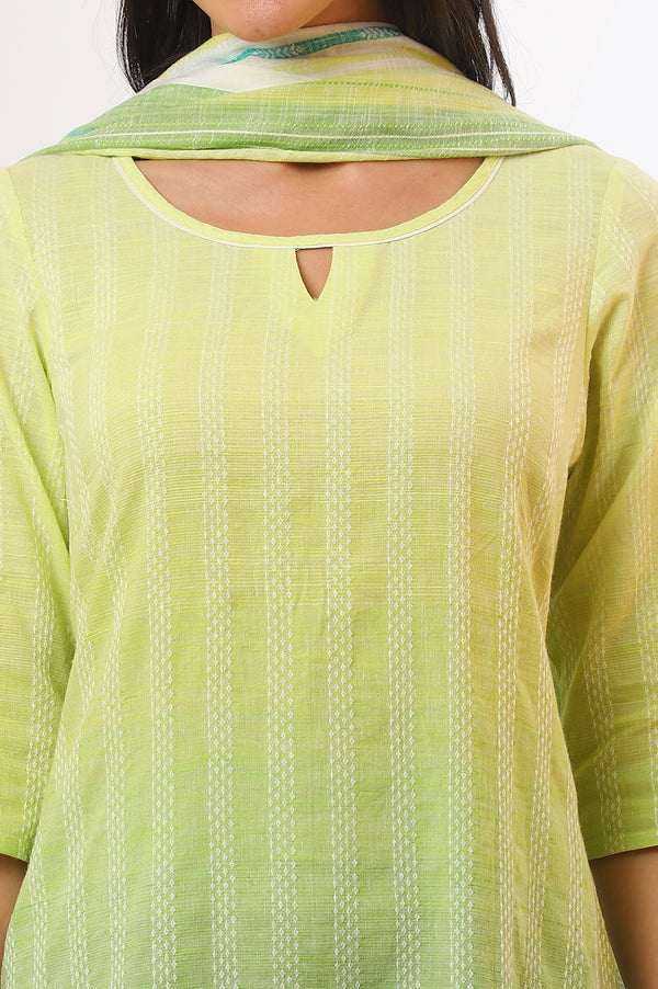 Green Yarn Dyed Pure Cotton Straight Kurta with Palazzo & Dupatta Set