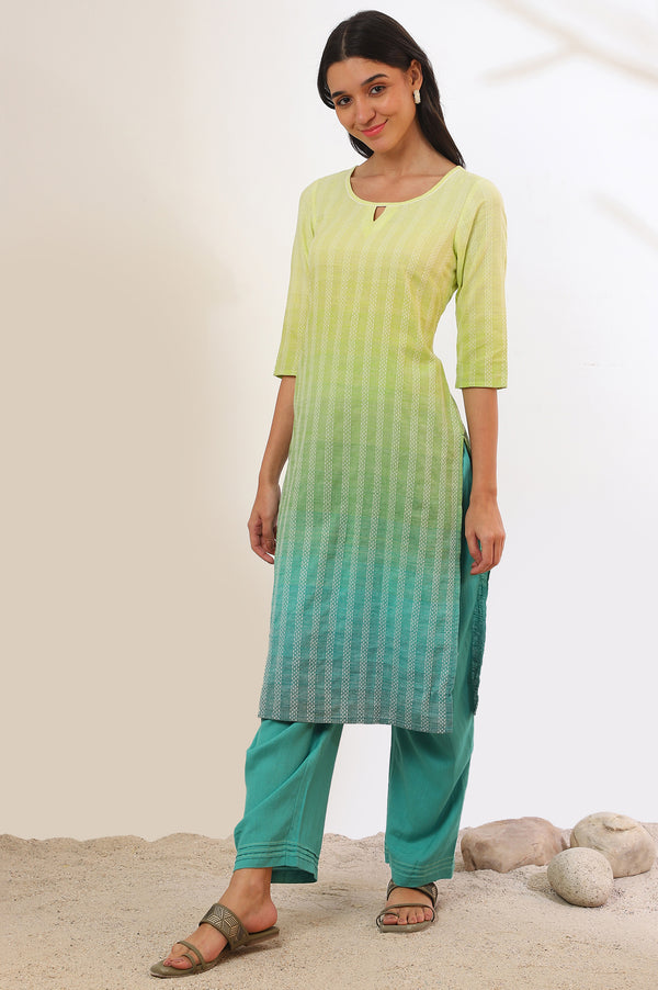Green Yarn Dyed Pure Cotton Straight Kurta with Palazzo & Dupatta Set