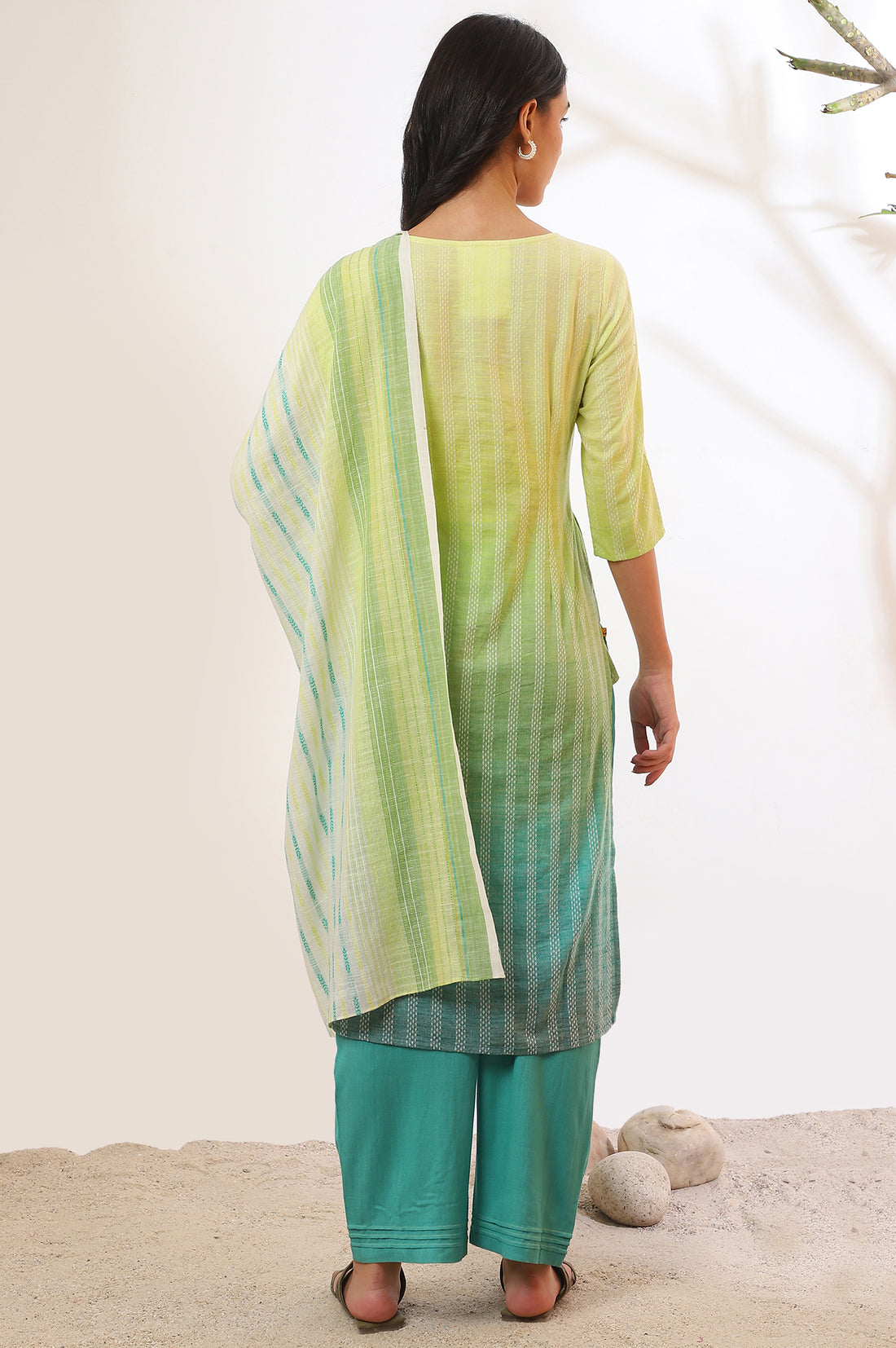 Green Yarn Dyed Pure Cotton Straight Kurta with Palazzo &amp; Dupatta Set