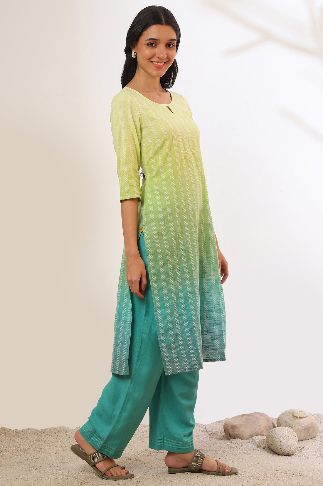 Green Yarn Dyed Pure Cotton Straight Kurta with Palazzo &amp; Dupatta Set