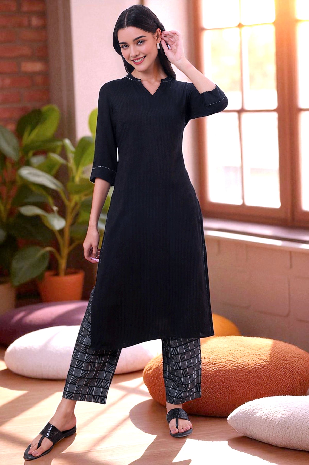 Black Solid Straight Kurta & Palazzo Set - S