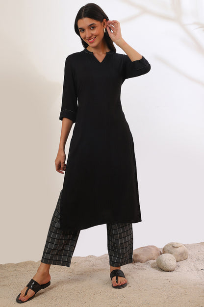 Black Solid Straight Kurta &amp; Palazzo Set