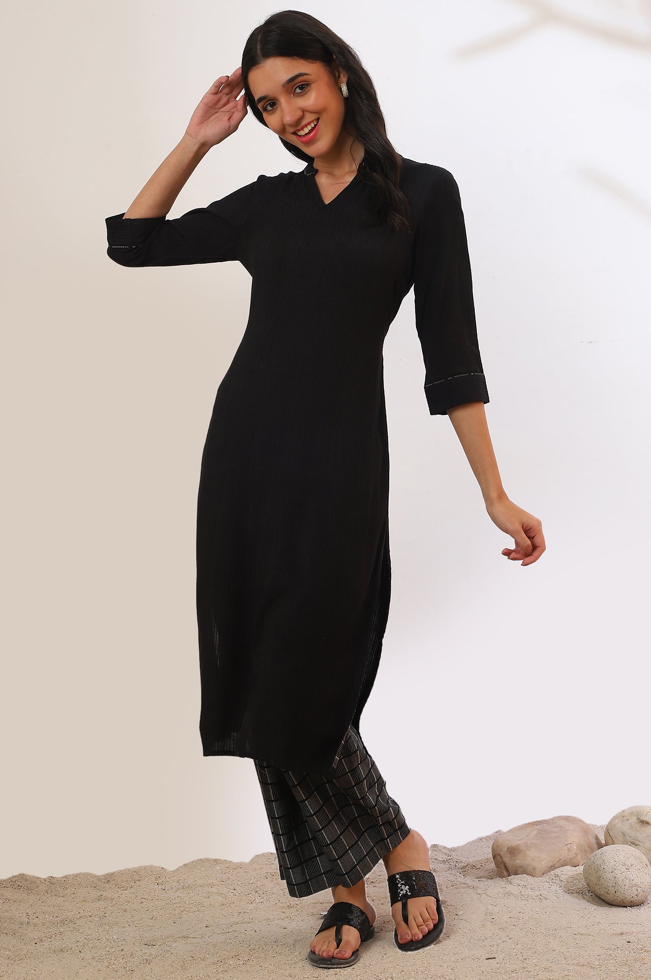 Black Solid Straight Kurta &amp; Palazzo Set