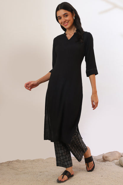 Black Solid Straight Kurta &amp; Palazzo Set