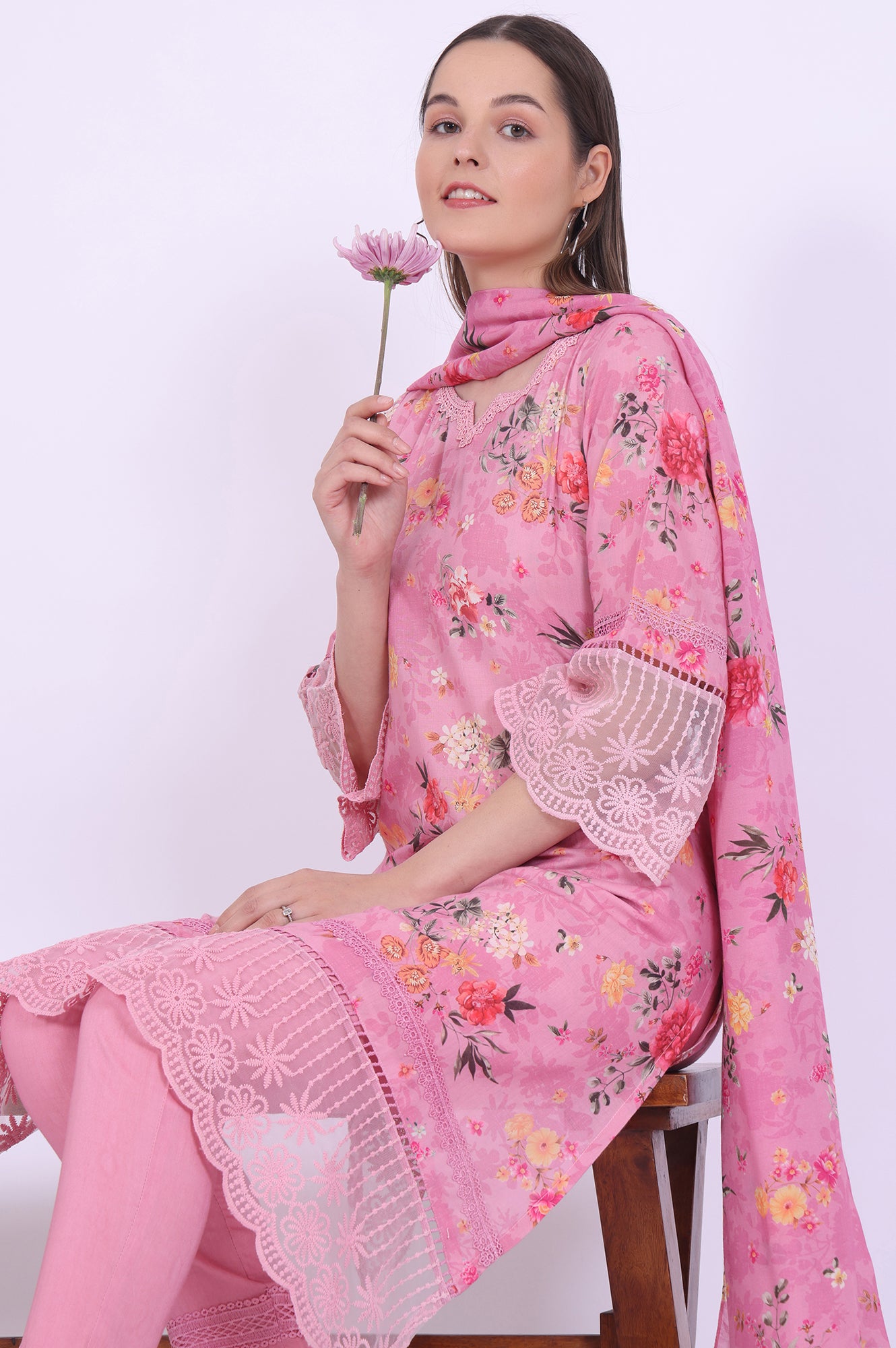 Pink Printed Asymmetrical Kurta with Trousers &amp; Dupatta Set