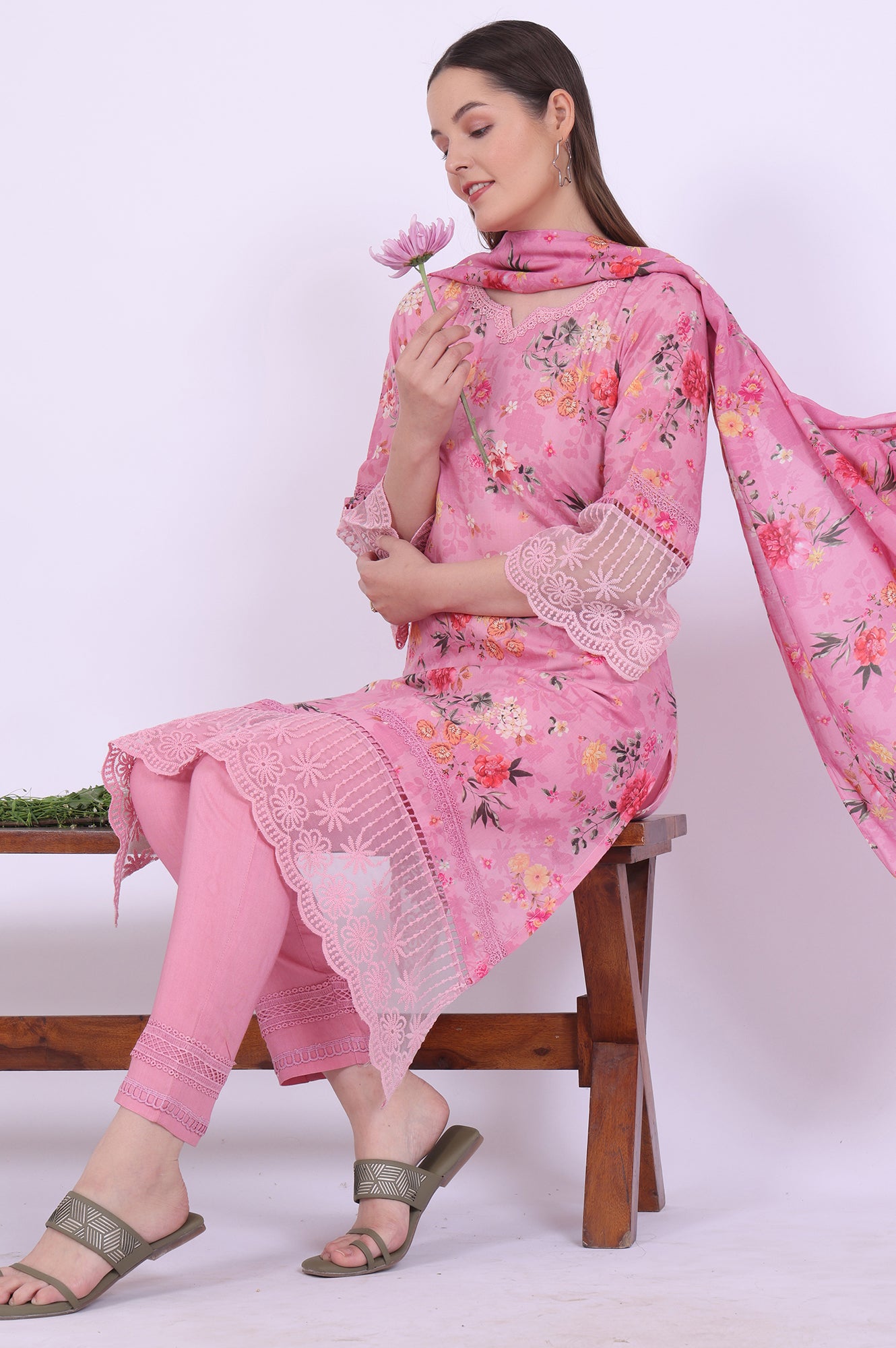 Pink Printed Asymmetrical Kurta with Trousers &amp; Dupatta Set