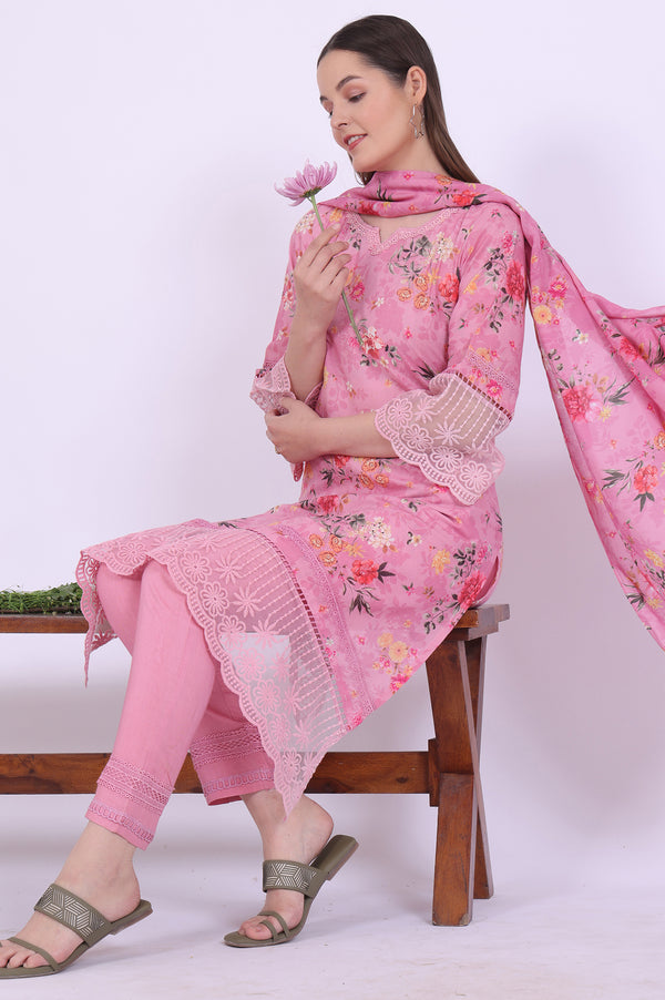 Pink Printed Asymmetrical Kurta with Trousers & Dupatta Set