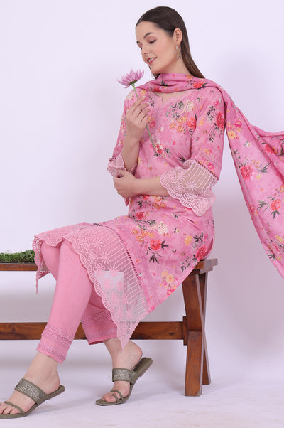 Pink Printed Asymmetrical Kurta with Trousers & Dupatta Set