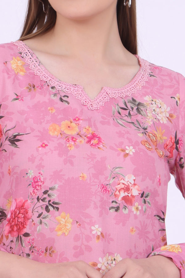 Pink Printed Asymmetrical Kurta with Trousers & Dupatta Set