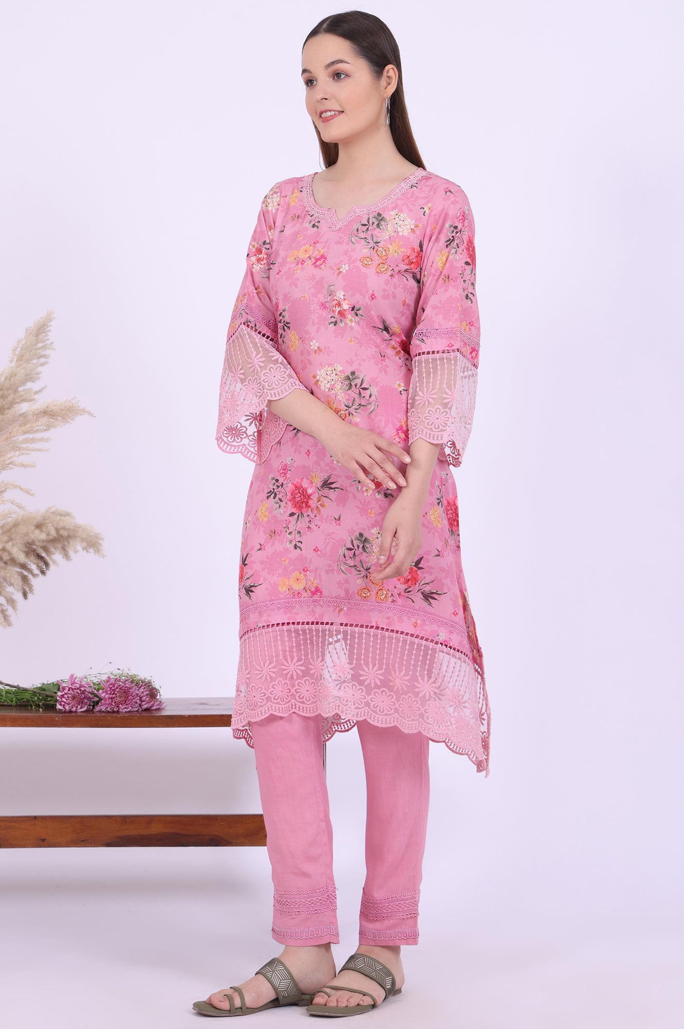 Pink Printed Asymmetrical Kurta with Trousers &amp; Dupatta Set